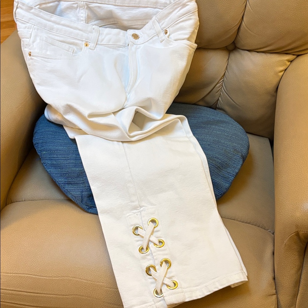 Michael Kors White Flare ankle Jeans with Gold Eyelet Lace-Up Hem